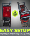 Wall shelving unit for garage with hooks and mesh shelves, easy setup, black and red design, customer service highlighted.