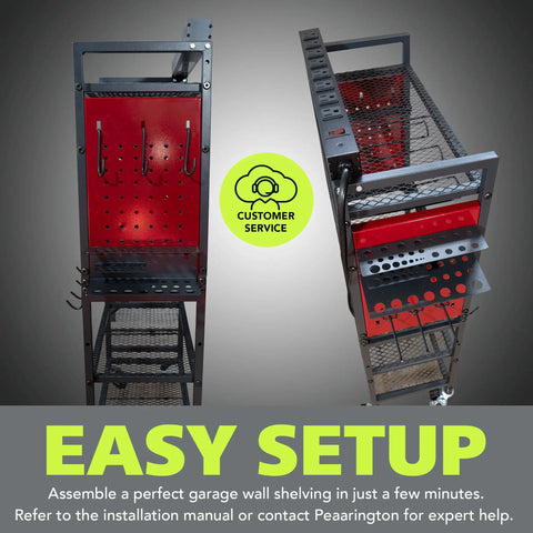 Wall shelving unit for garage with hooks and mesh shelves, easy setup, black and red design, customer service highlighted.