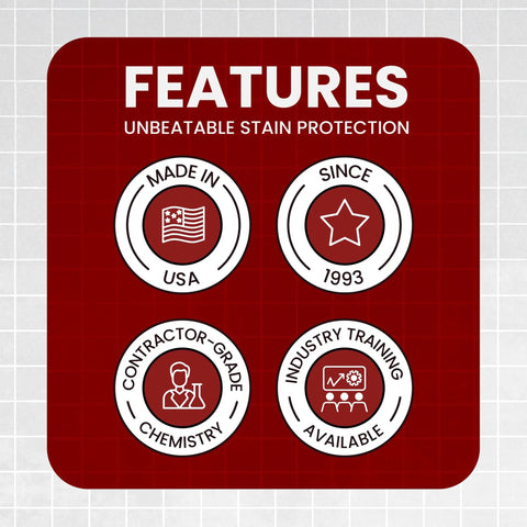Features of Premium Water Based Penetrating Stone Sealer For Marble Granite Travertine Limestone And Grout Joints with icons.