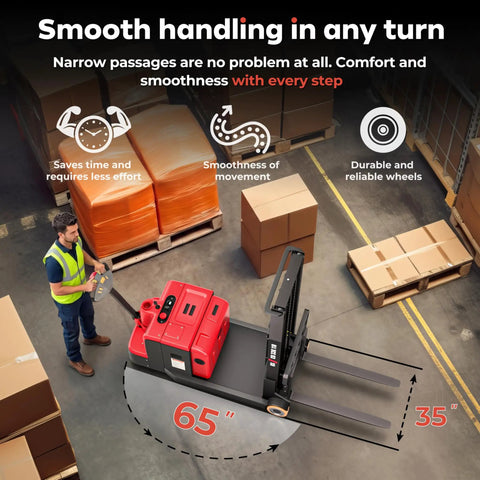 Heavy Duty Electric Counterbalance Workhorse Pallet Stacker Featuring 3300 Lb Capacity And A Snappy 10 Foot Lift Height For Zero Hassle Warehouse Material Handling Operations, 65 inch turning radius, compact design.