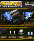Diagram of 12 Volt RV Fresh Water Pump with dimensions, accessories, and labels showcasing five chamber self priming diaphragm, 7 GPM at 70 PSI.