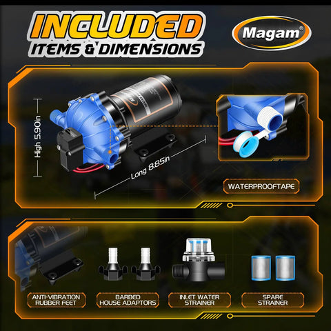 Diagram of 12 Volt RV Fresh Water Pump with dimensions, accessories, and labels showcasing five chamber self priming diaphragm, 7 GPM at 70 PSI.
