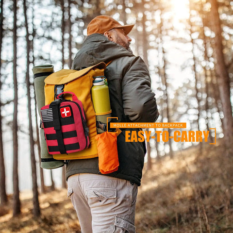 Outdoor First Aid Kit With 288 Pieces MOLLE Medical Pouch attached to backpack, designed for hiking, camping, hunting, travel.