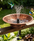 Deck Mount Bird Bath With Railing Clamp Solar Fountain 2 In 1 Feeder Vintage Brown Rustic yard ornament with birds and water spray.