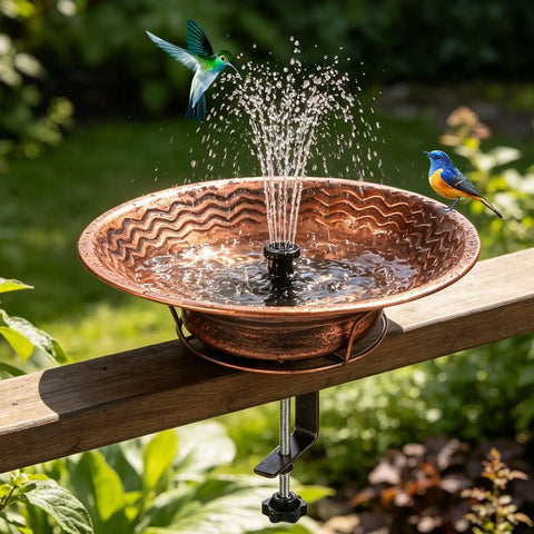 Deck Mount Bird Bath With Railing Clamp Solar Fountain 2 In 1 Feeder Vintage Brown Rustic yard ornament with birds and water spray.