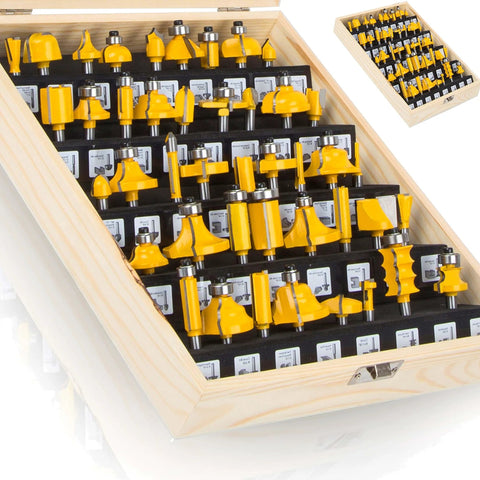 Quarter Inch Shank Crown Molding Router Bit Set Pro Grade 41 Piece Kit in wooden case showing yellow carbide bits
