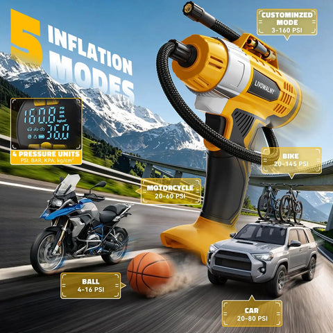 No Fuss Cordless Tire Inflator Workhorse With Blazing Fast Airflow And Totally Foolproof Digital Gauge Auto Shut Off Quick Fill Pump for bikes, cars, and sports gear.
