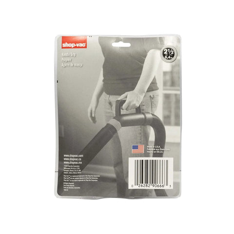 Ergonomic Two Point Five Inch Vacuum Hose Handle Comfy Grip With Built In Air Flow Control Comfortable End Attachment For Easy Vacuuming Fits Standard Hoses One Pack packaging with person holding the vacuum handle.