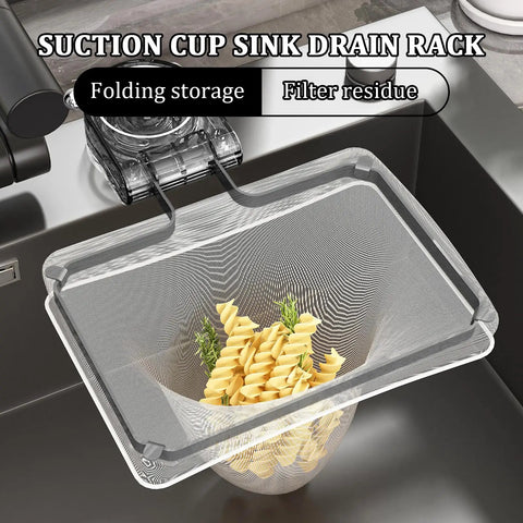 No Fuss Kitchen Sink Strainer With Heavy Duty Filter Mesh Bag And Grip Tight Suction Cup Quick Fold Design For Washing Produce And Catching Scraps Major Kitchen Upgrade, pasta in grey mesh basket.
