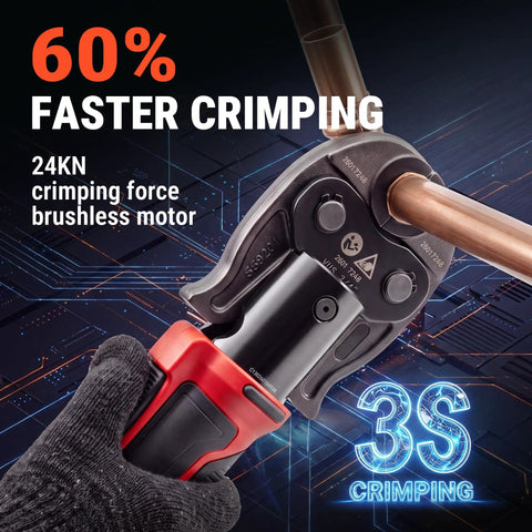Holdwell S Pro 18V Electric Pipe Crimping Tool 24KN Brushless Motor Screw Drive Instant Reset showing crimping in action.