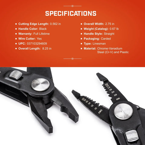 2 In 1 Combo Linesmans Pliers And Wire Stripper With Dual Material Handles, Heavy Duty Tool Specifications On Display