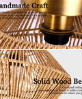 Close-up of Boho Woven Rattan Ceiling Light Fixture With Handwoven Cage, Semi Flush Mount, featuring its antique brass base.