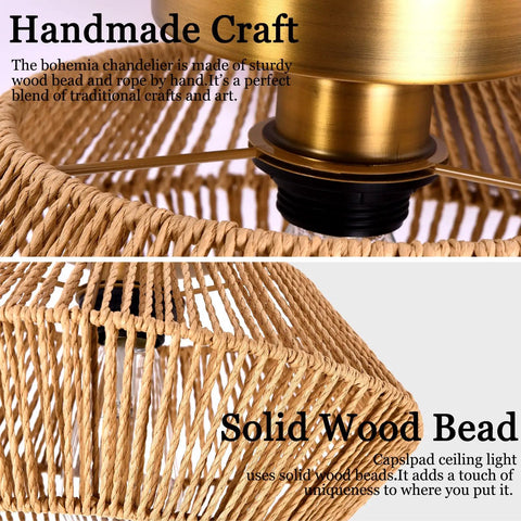 Close-up of Boho Woven Rattan Ceiling Light Fixture With Handwoven Cage, Semi Flush Mount, featuring its antique brass base.