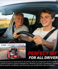 All-In-One Roadside Emergency Kit With Portable Air Compressor And Jumper Cables, box displayed in car with two smiling drivers