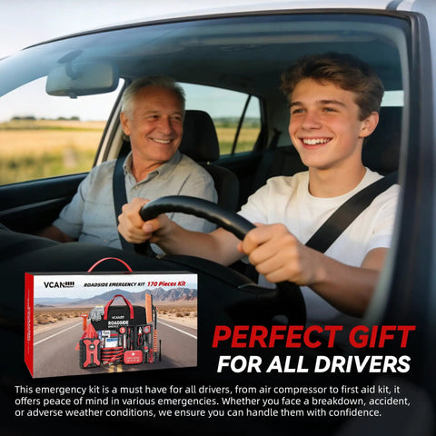 All-In-One Roadside Emergency Kit With Portable Air Compressor And Jumper Cables, box displayed in car with two smiling drivers
