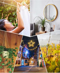 Collage showing uses for Stainless Steel Picture Hanging Wire Kit, 25Kg Load, 2 Pack, Adjustable 2M Wire Rope With D Ring, Perfect For Hanging Mirrors, Lights, Baskets, Flower Pots And Decor, Rust Resistant For Indoor Or Outdoor Use.