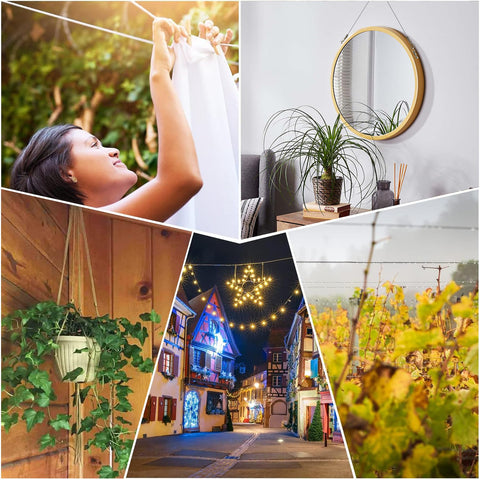 Collage showing uses for Stainless Steel Picture Hanging Wire Kit, 25Kg Load, 2 Pack, Adjustable 2M Wire Rope With D Ring, Perfect For Hanging Mirrors, Lights, Baskets, Flower Pots And Decor, Rust Resistant For Indoor Or Outdoor Use.