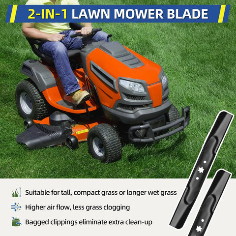 Beefy High Lift Mower Blade Set For 42 Inch Deck Riding Mowers Compatible With Cub Cadet Troy Bilt Bronco Pony Mustang shown installed