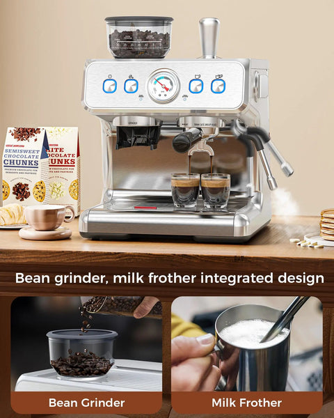 Built Tough 20 Bar Espresso Machine With Burr Grinder And Steam Milk Wand 58 Mm Commercial Stainless Steel Coffee Maker close-up of grinder and milk frother.
