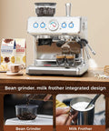 Kickin Home Espresso Maker With Built In Conical Burr Grinder And Fast Steam Wand Milk Frother showcasing dual espresso shots and integrated design.