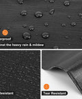 Heavy Duty 12x16 Ft Tarp 8 Mil Waterproof With Grommets Every 23.6 Inches showing waterproof, UV, and tear resistance features.