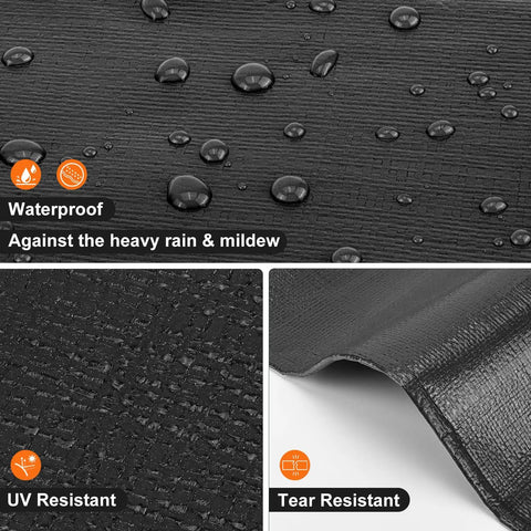 Heavy Duty 12x16 Ft Tarp 8 Mil Waterproof With Grommets Every 23.6 Inches showing waterproof, UV, and tear resistance features.