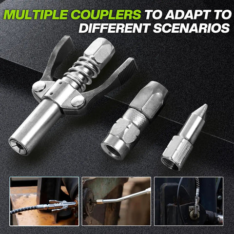 Electric Grease Gun 12,000 PSI Cordless Battery Powered Kit with 3 couplers for tractor and truck maintenance use.