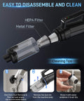 Diagram of Powerful Cordless Handheld Vacuum Cleaner With 18000Pa Suction Two In One Car And Home Portable Vacuum featuring HEPA and metal filter disassembly steps.