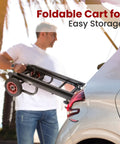 Man placing Compact Folding Equipment Dolly Converts Into 8 Handy Carts into car trunk for easy storage