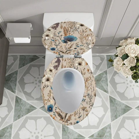 Decorative Elongated Toilet Seat for Bathroom with floral design, top view, measures 14.5" x 18.5", fits most toilets.