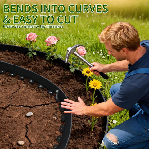 Person installing No Dig Garden Edging Kit With 100 Ft Of Flexible Tool Free Lawn Border Coil In Black Includes 100 Spikes