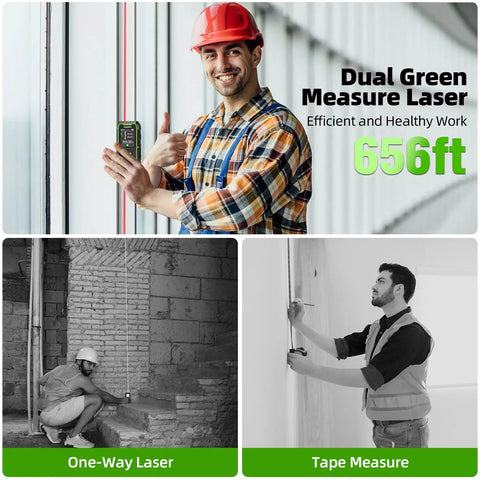 Dual Laser Distance Meter Pro Grade With 656ft Range Rechargeable Angled Sensor Magnetic Back For Easy Bilateral Measurements In Rooms And Jobsites With Long Battery Life And 5 Year Warranty, construction worker using laser measure