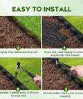 Installation steps for Landscape Edging Kit 33 Foot Roll 4 Inch Plastic Garden Edging With 100 Spikes, showing soil preparation and secure locking.
