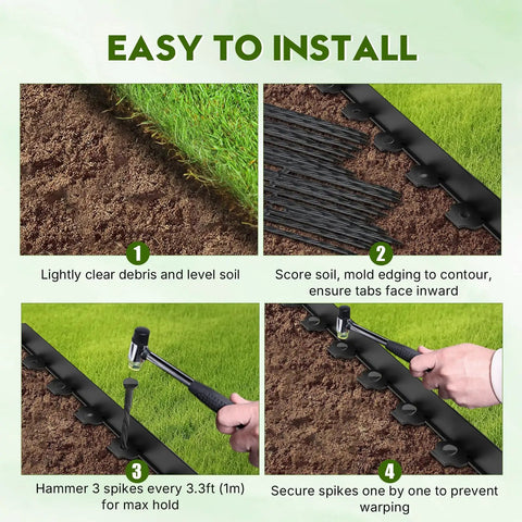Installation steps for Landscape Edging Kit 33 Foot Roll 4 Inch Plastic Garden Edging With 100 Spikes, showing soil preparation and secure locking.