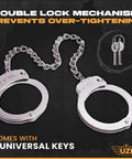 Real Deal Stainless Steel Leg Irons With 16 Inch Twist Chain Double Lock Restraints Police Grade Shackles showing double lock mechanism.
