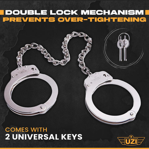 Real Deal Stainless Steel Leg Irons With 16 Inch Twist Chain Double Lock Restraints Police Grade Shackles showing double lock mechanism.