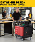 Industrial Tool Storage Cart With Four Drawers And Bright Red Locking Cabinet, Black Finish, in use in a warehouse setting.