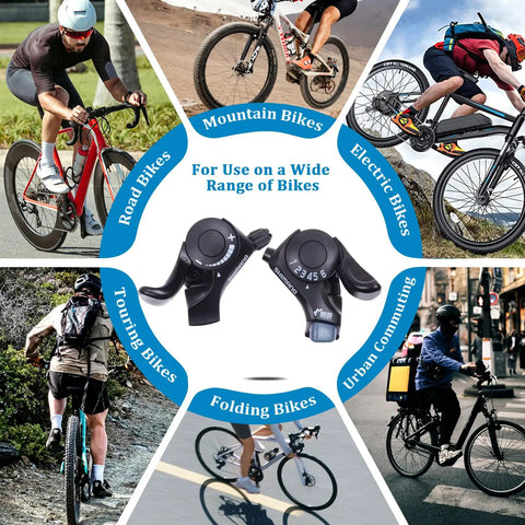 Collage of cyclists using 3x6 Thumb Gear Shifters TX30 Shift Levers Set for various bike types, including road and mountain.