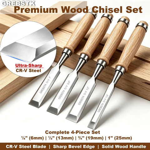4 Piece Ultra Sharp Wood Chisel Set With CR V Steel Beveled Blades And Guards Comfortable Durable Handles For Carving DIY And Woodworking One Quarter Inch One Half Inch Three Quarter Inch And One Inch