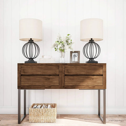 Set Of 2 Black Wrought Iron Table Lamps With Open Cage Design And LED Bulbs, Modern Farmhouse End Table Lighting, Includes Linen Drum Shades