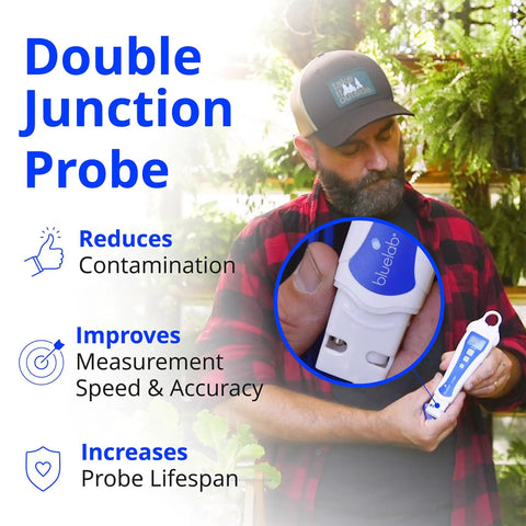 Man using PH Pen Meter and Probe Care Kit with Calibration Solutions for hydroponic nutrient solutions.