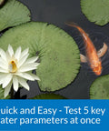 Ace Pond Water Test Strips Check PH Nitrites Nitrates And Hardness In Just Seconds Perfect For Backyard Koi Ponds And Garden Tanks with lily pads and goldfish.