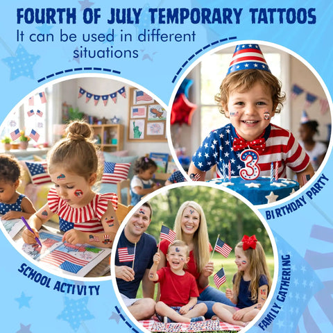 Children using Lit Glow In The Dark 105 Piece Patriotic Temporary Tattoos Set for parties, school activities, and family gatherings.