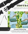Person using adjustable shoulder strap on green bag, highlighting two carrying styles for hands-free convenience.