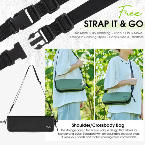 Person using adjustable shoulder strap on green bag, highlighting two carrying styles for hands-free convenience.