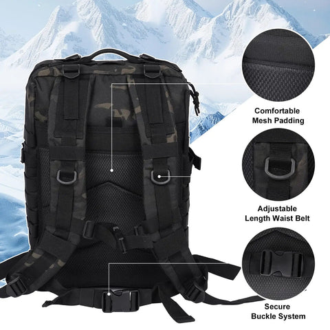 Back view of 50L Large Tactical Backpack With MOLLE System For Travel Camping Hiking And Fishing Army Assault Pack Black Camo