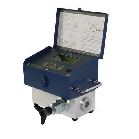 Inline Digital Hydraulic Flow Meter With 6000 PSI, 800 L And 200 GPM Max Flow, Pressure Test Kit showing control panel and connections