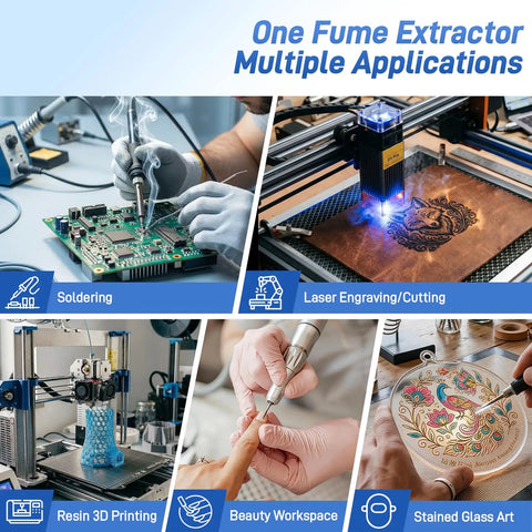 Heavy Duty Solder Fume Extractor With 100W Brushless Motor and 250 Cubic Meter Suction used in multiple workspaces including soldering.