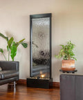Mirror Waterfall Fountain With Stones And Lights For Indoor Outdoor Zen Decor Create A Calming Vibe In Your Living Room Office Patio Or Entryway 72 Inches Tall, shown in a modern living room setting with plants and seating.