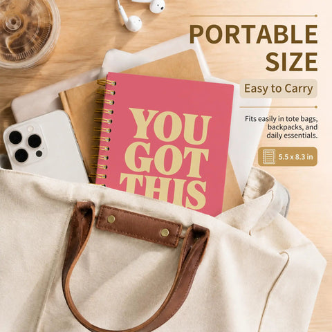 Inspirational Gifts Spiral Notebook 5.5 By 8.3 Inches With Durable Cover in tote bag with phone and coffee
